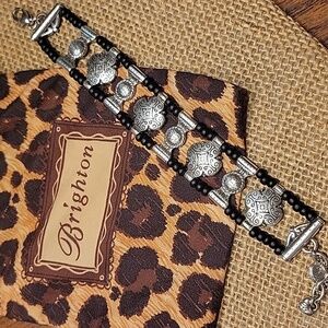 Brighton Retired Silver Medallion & Black Beaded Bracelet w/Jewelry Pouch